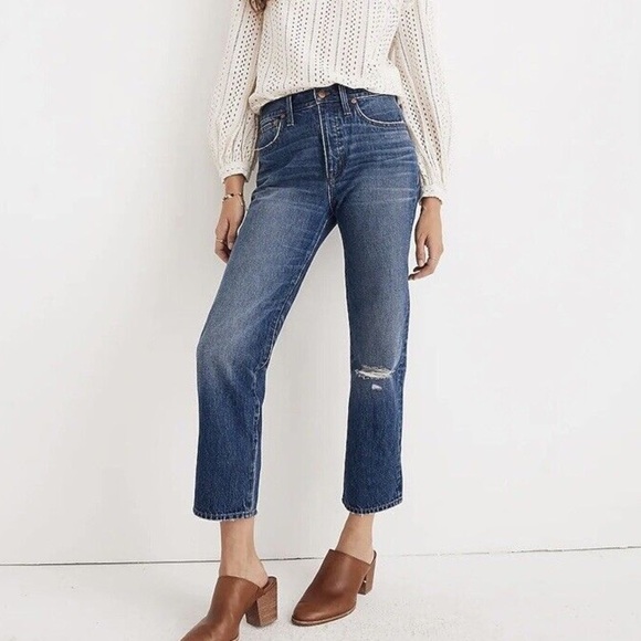 Madewell Classic Straight Jean Raw Hem Ankle High Rise Knee Rip Sz 32 - Picture 1 of 14